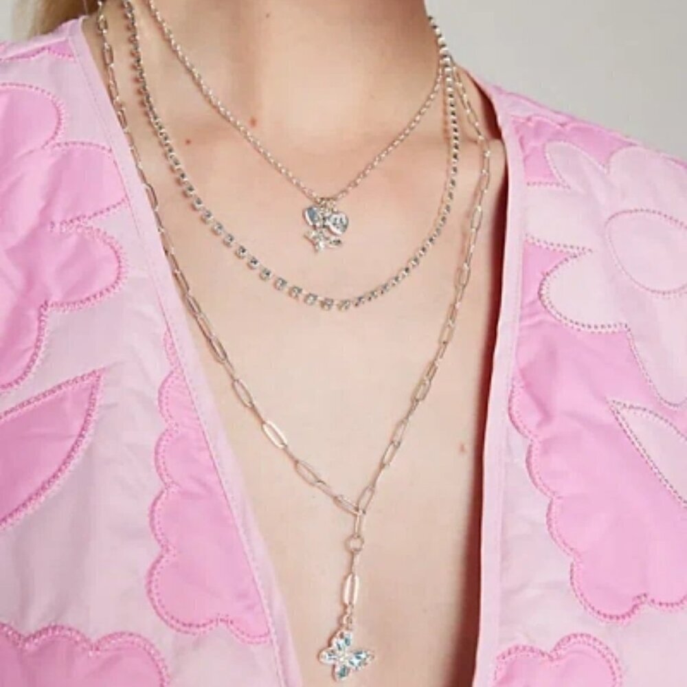 NWT Urban Outfitters Rhinestone Butterfly Silver Layered Y2K Necklace